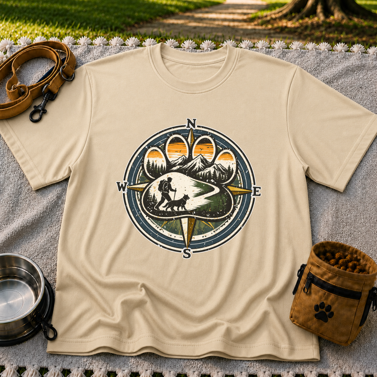 Sand T-shirt mockup featuring compass rose framing a hiker and dog on a mountain trail.