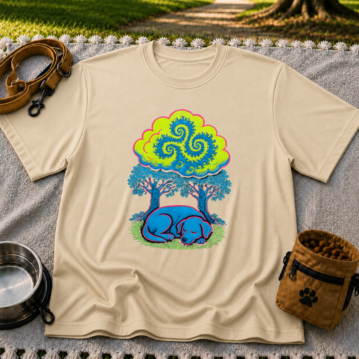 Psychedelic Sleeping Dog artwork on a Sand T-shirt.