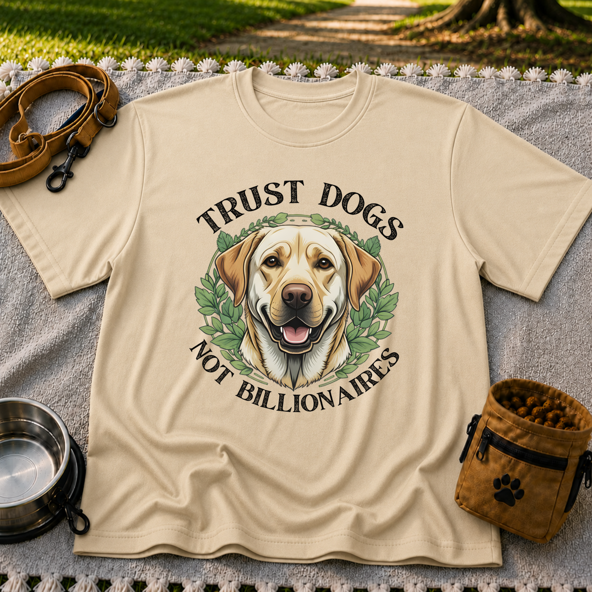 a Labrador portrait framed by “Trust Dogs Not Billionaires”. On a Sand T-shirt.