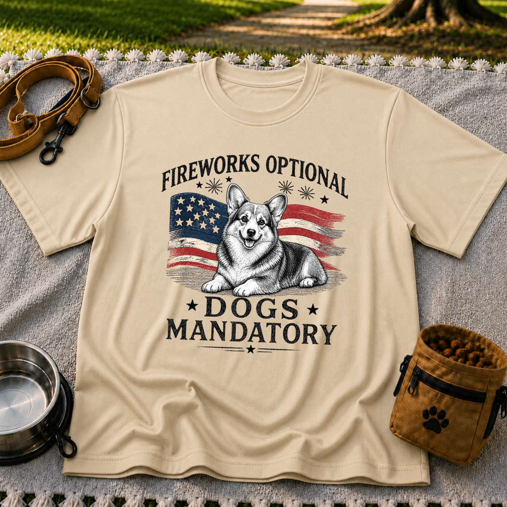 a Corgi beside “Fireworks optional, dogs mandatory”. On a Sand T-shirt.