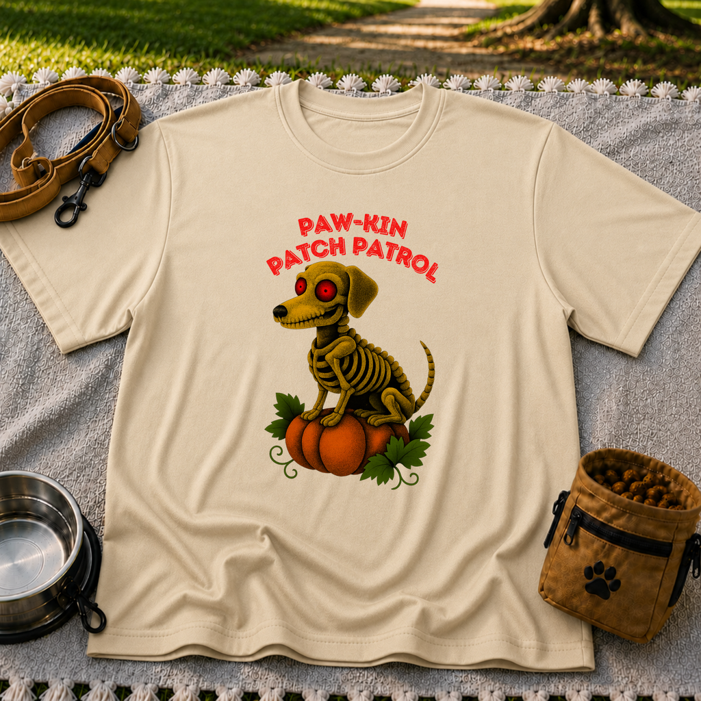 Paw-kin Patch Patrol Dachshund Halloween Dog design on a Sand T-shirt.