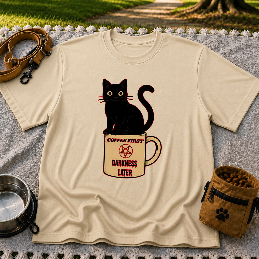 Sand T-shirt mockup featuring black cat sitting on a Coffee First Darkness Later mug.