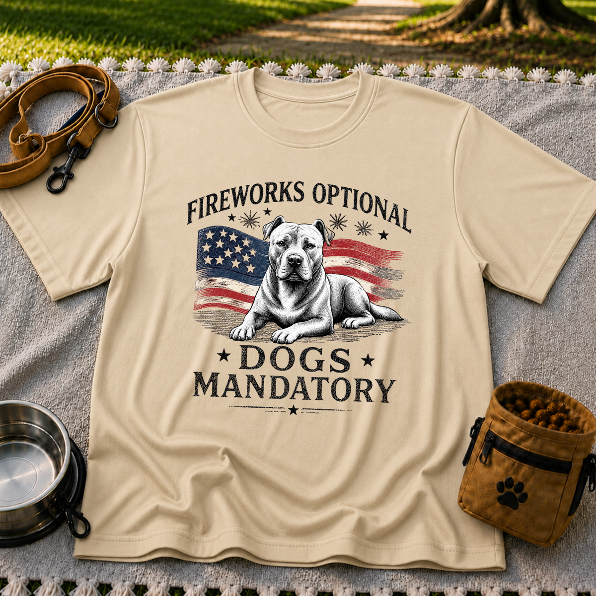 a pit bull beside “Fireworks optional, dogs mandatory”. On a Sand T-shirt.