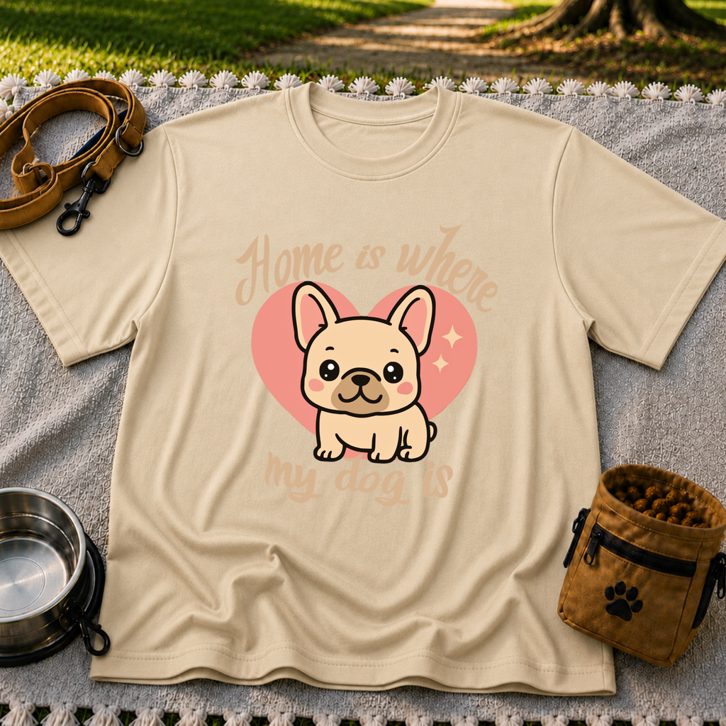 Home Is Where My Dog Is Frenchie Dog design on a Sand T-shirt.