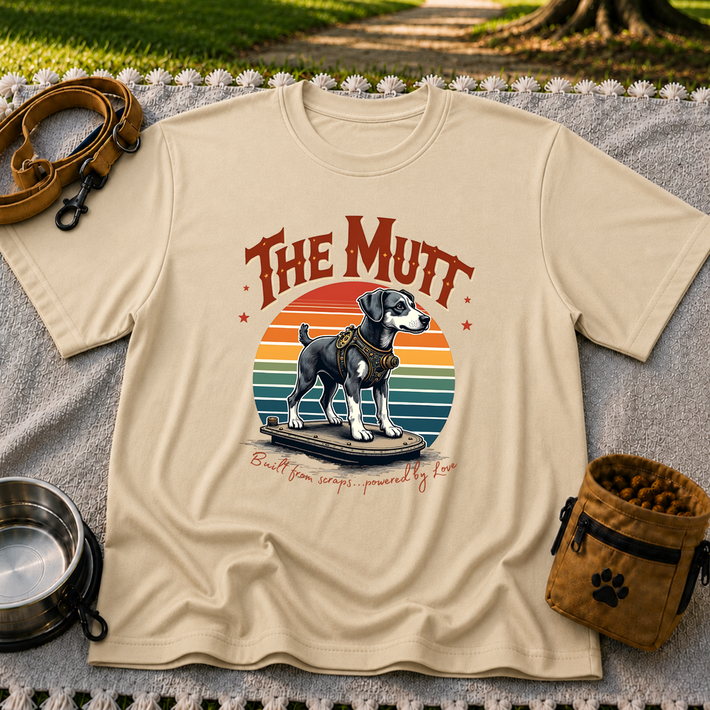 a mixed-breed dog above a “built from scraps, powered by love” sentiment. On a Sand T-shirt.