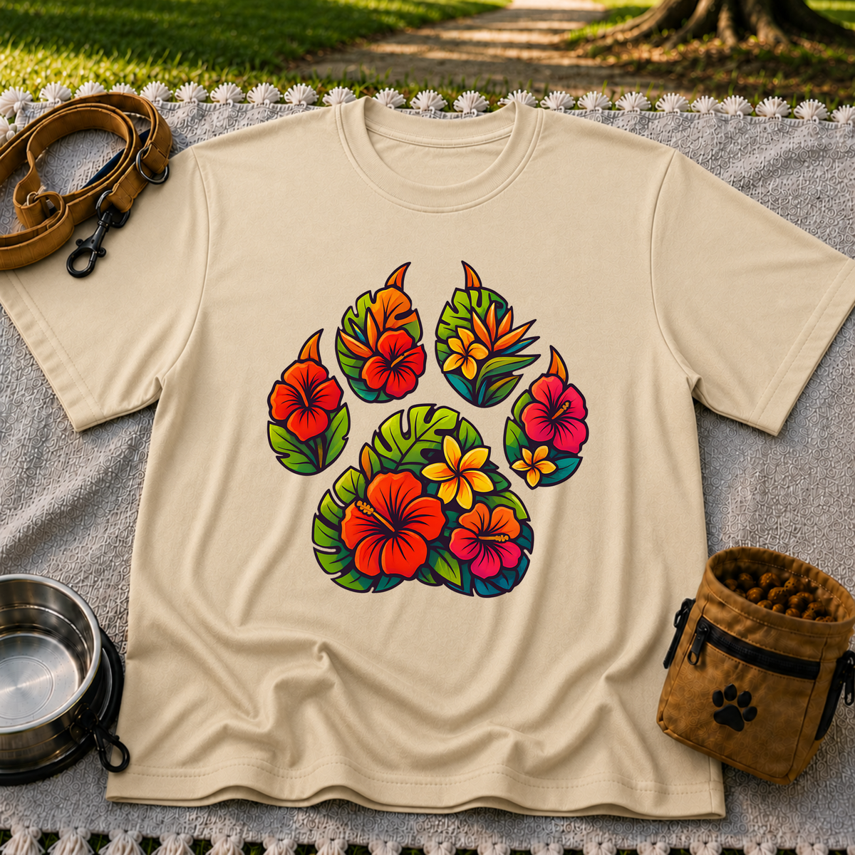Tropical Floral Paw Print design on a Sand T-shirt.