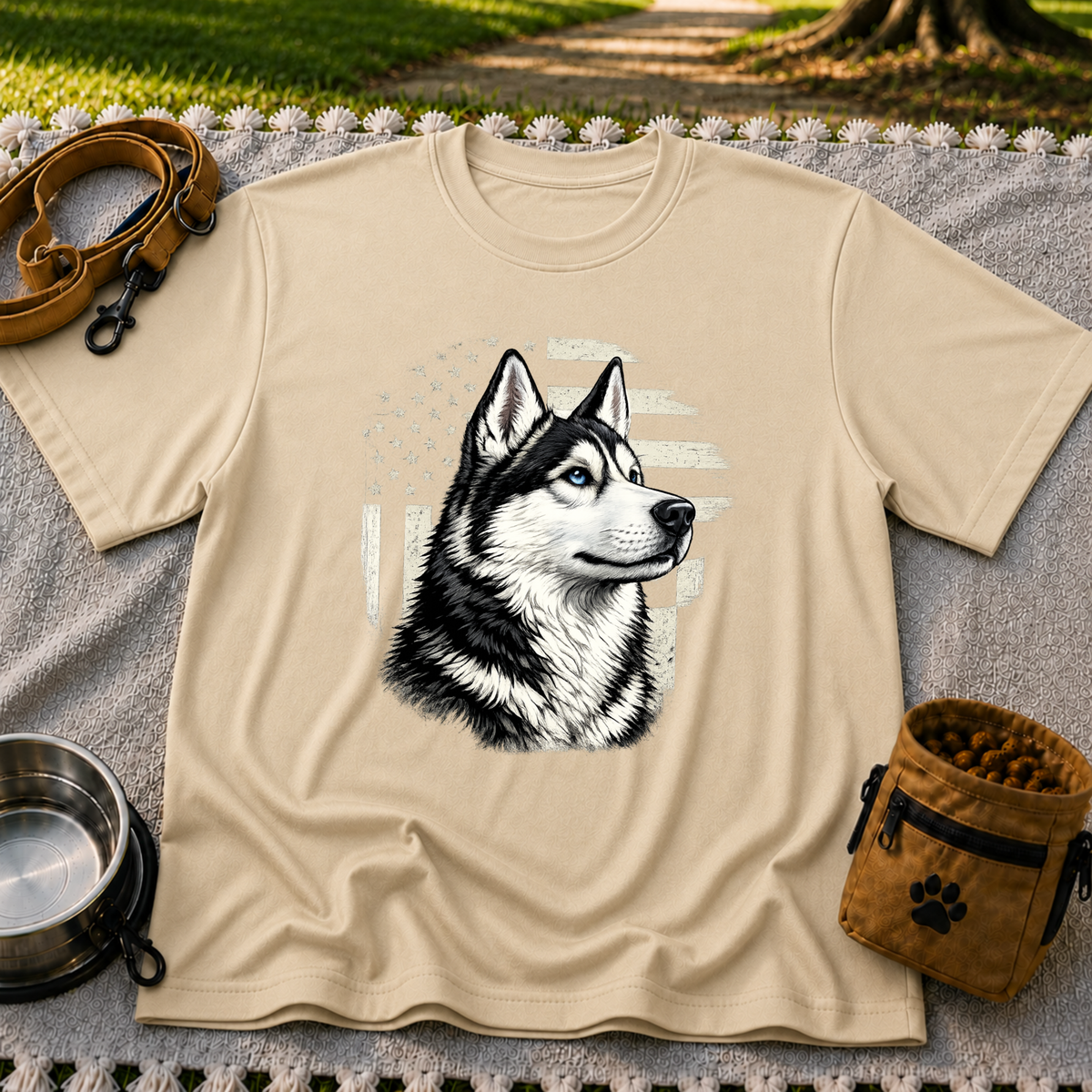 Patriotic Siberian Husky Dog design on a Sand T-shirt.