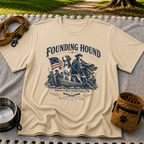 a founding-era American scene with hounds and patriotic details. On a Sand T-shirt.