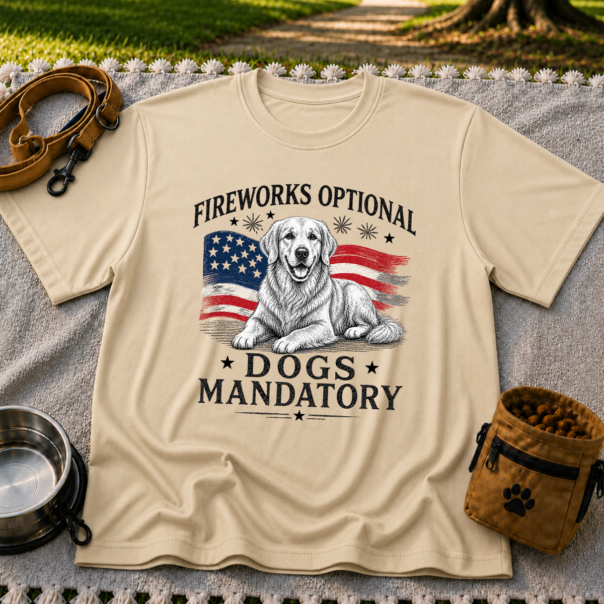 a Golden Retriever beside “Fireworks optional, dogs mandatory”. On a Sand T-shirt.