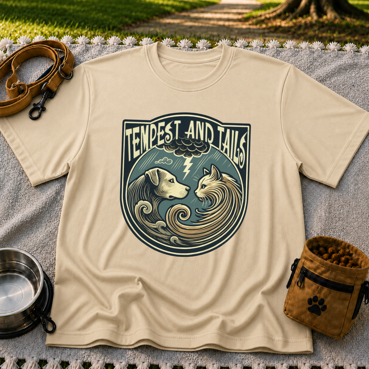 Tempest and Tails Companion Crest artwork on a Sand T-shirt.
