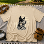 Sand T-shirt mockup featuring Blue Heeler portrait with a weathered American flag and stars.