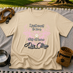 Stay at Home Dog Mom Pink design on a Sand T-shirt.