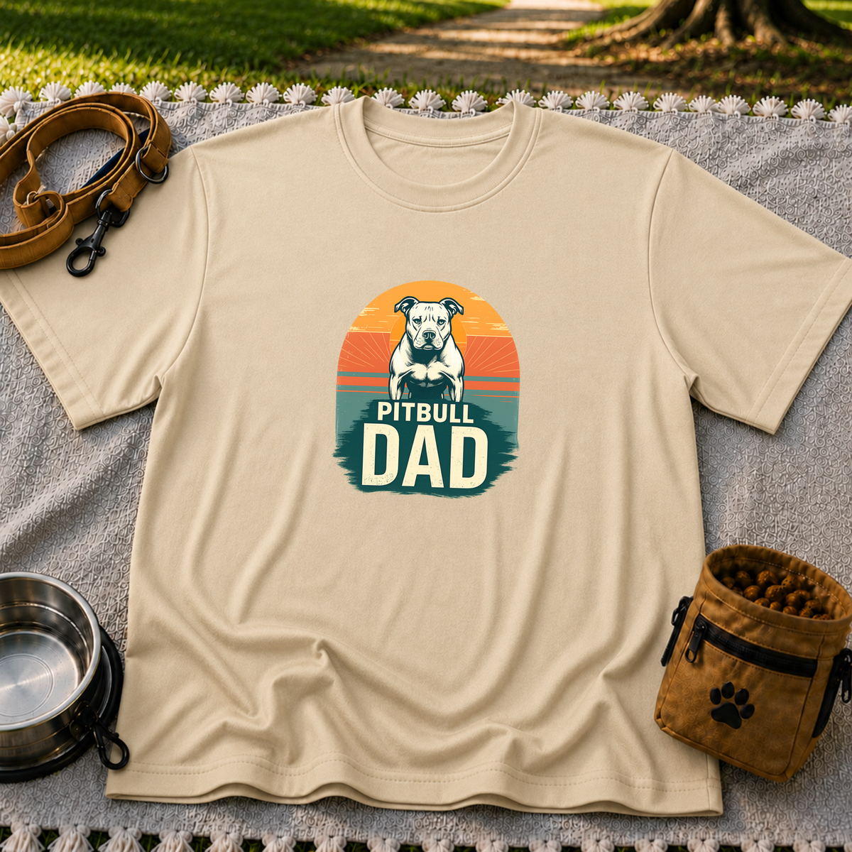Vintage Pitbull Dad design on a Sand T-shirt.