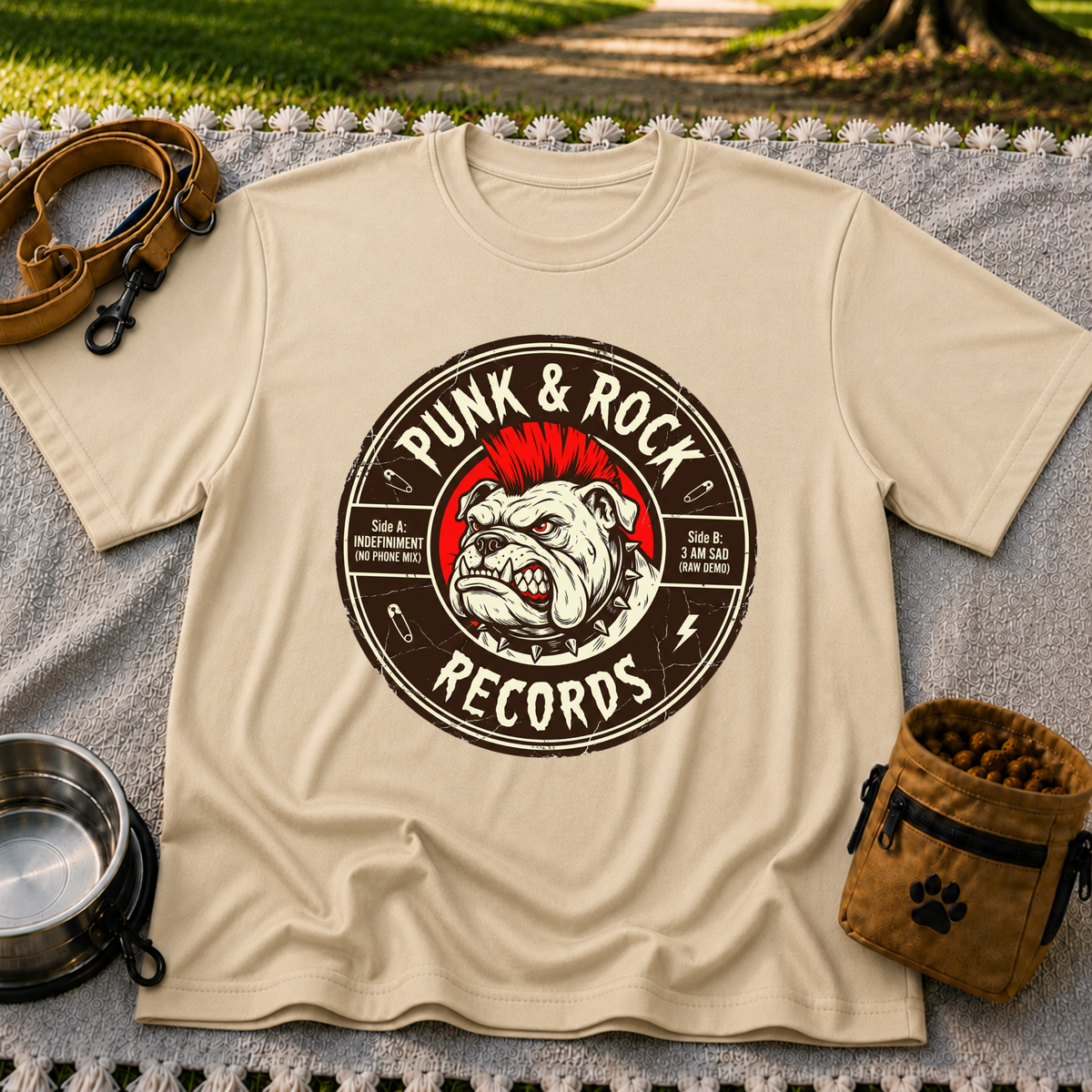 Punk & Rock Bulldog Records design on a Sand T-shirt.