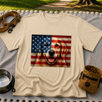 Patriotic Golden Retriever Flag design on a Sand T-shirt.