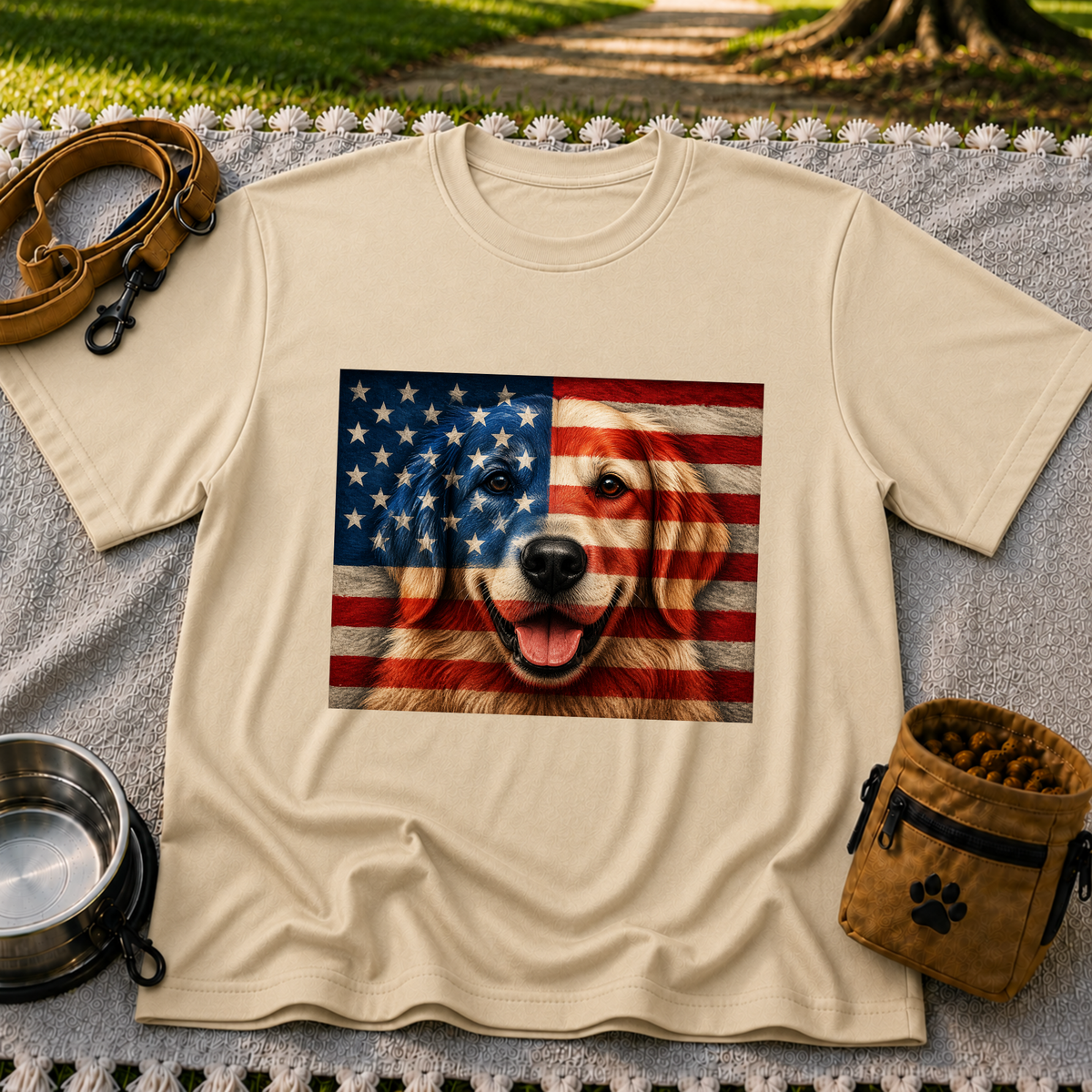Patriotic Golden Retriever Flag design on a Sand T-shirt.