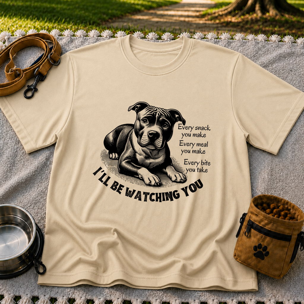 a watchful dog paired with a line about keeping an eye on you. On a Sand T-shirt.