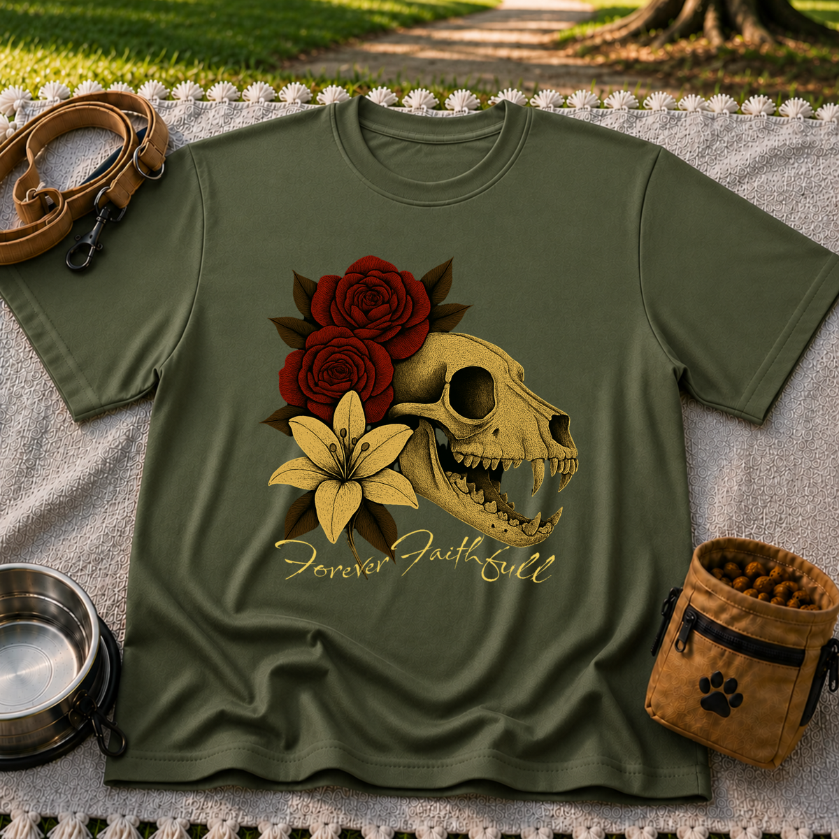 a dog skull with roses and the words “Forever Faithful”. On a Military Green T-shirt.