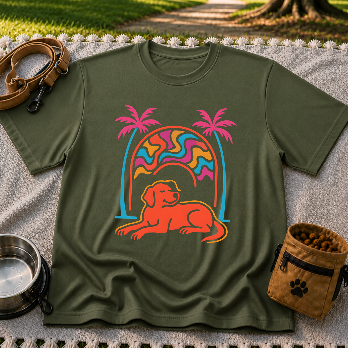 Psychedelic Dog Palm Trees design on a Military Green T-shirt.