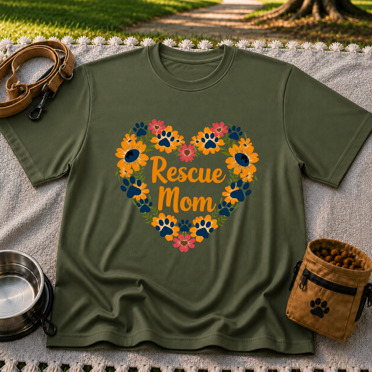 Rescue Mom Floral Paw design on a Military Green T-shirt.