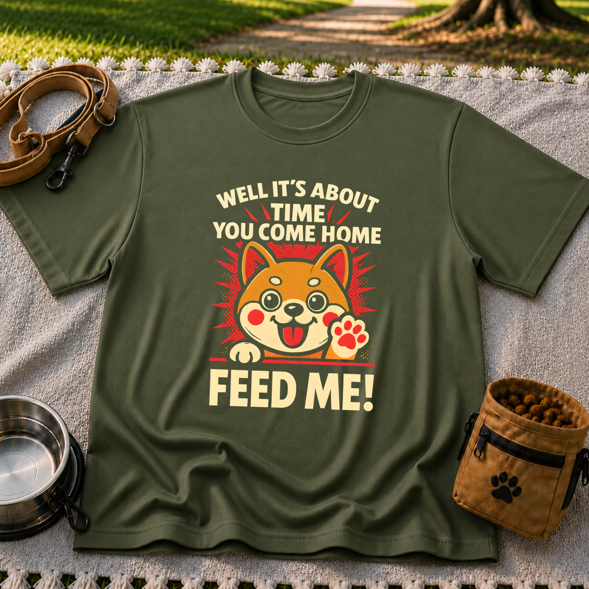 Shiba Inu Feed Me artwork on a Military Green T-shirt.