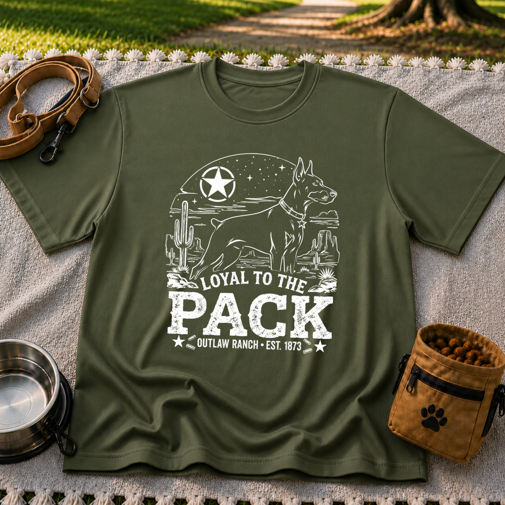 a ranch dog inside a “Loyal to the Pack” western badge. On a Military Green T-shirt.