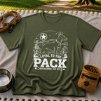 a ranch dog inside a “Loyal to the Pack” western badge. On a Military Green T-shirt.