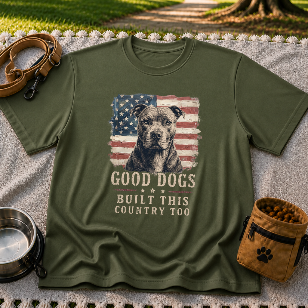 Military Green T-shirt mockup featuring pit bull portrait in front of a weathered American flag.