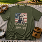 Military Green T-shirt mockup featuring pit bull portrait in front of a weathered American flag.
