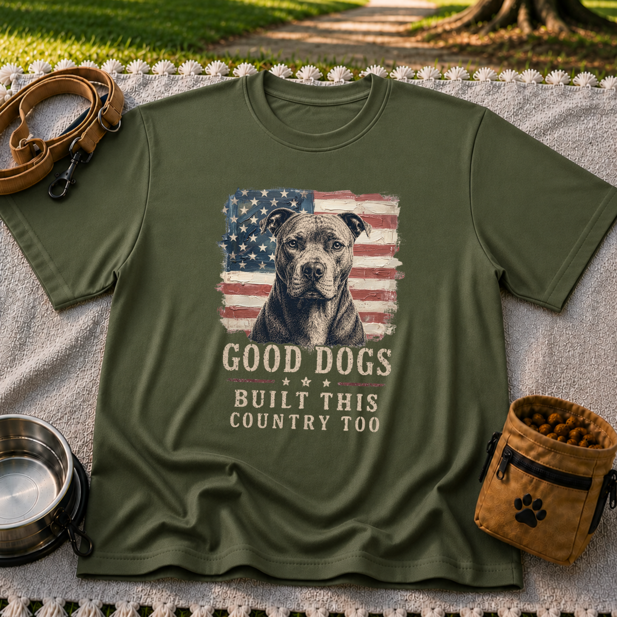 Military Green T-shirt mockup featuring pit bull portrait in front of a weathered American flag.