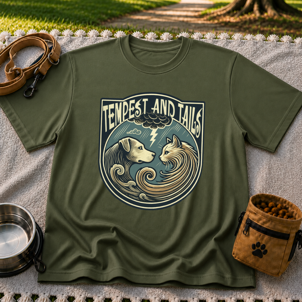 Tempest and Tails Companion Crest artwork on a Military Green T-shirt.