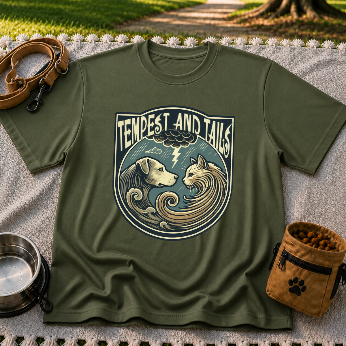 Tempest and Tails Companion Crest artwork on a Military Green T-shirt.