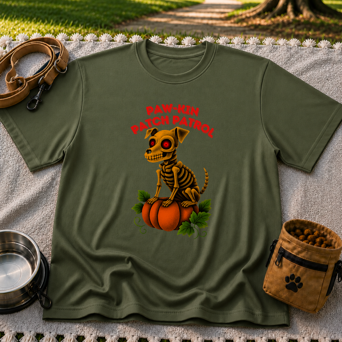 Paw-kin Patch Patrol Skeleton Dog Halloween design on a Military Green T-shirt.