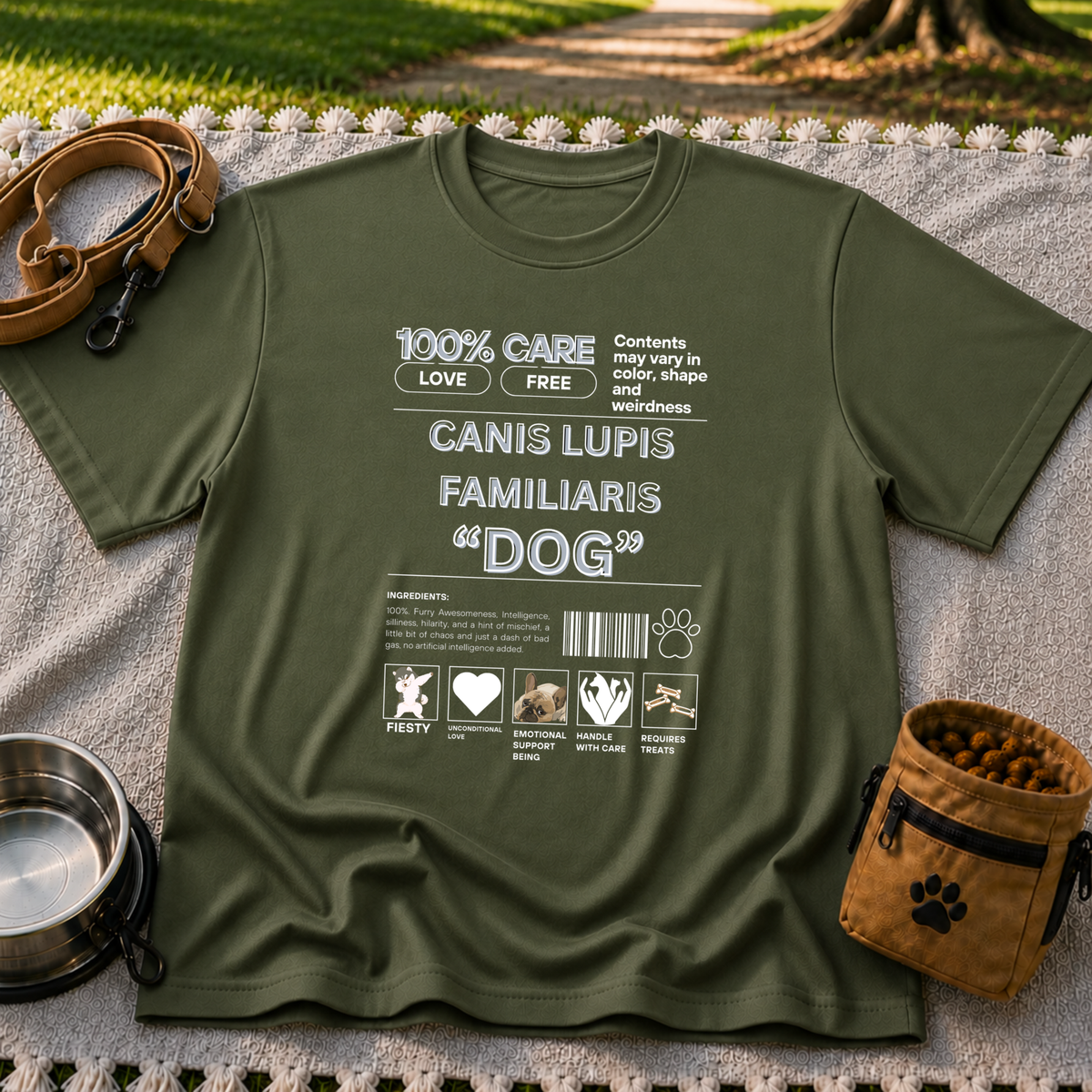 Military Green T-shirt mockup featuring Canis Lupus Familiaris and Dog lettering in an infographic with small canine drawings.