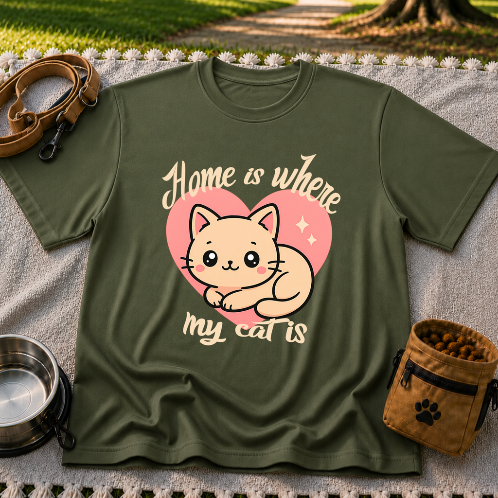 Military Green T-shirt mockup featuring kawaii cat resting inside a pink heart with Home Is Where My Cat Is lettering.