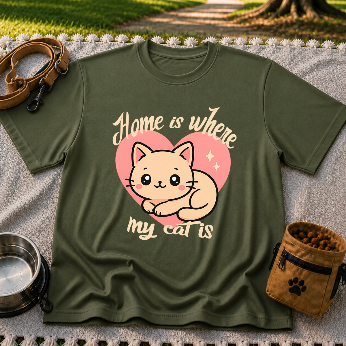 Military Green T-shirt mockup featuring kawaii cat resting inside a pink heart with Home Is Where My Cat Is lettering.