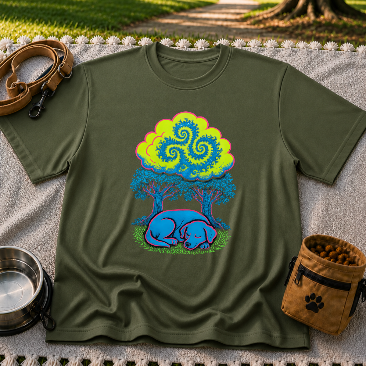 Psychedelic Sleeping Dog artwork on a Military Green T-shirt.