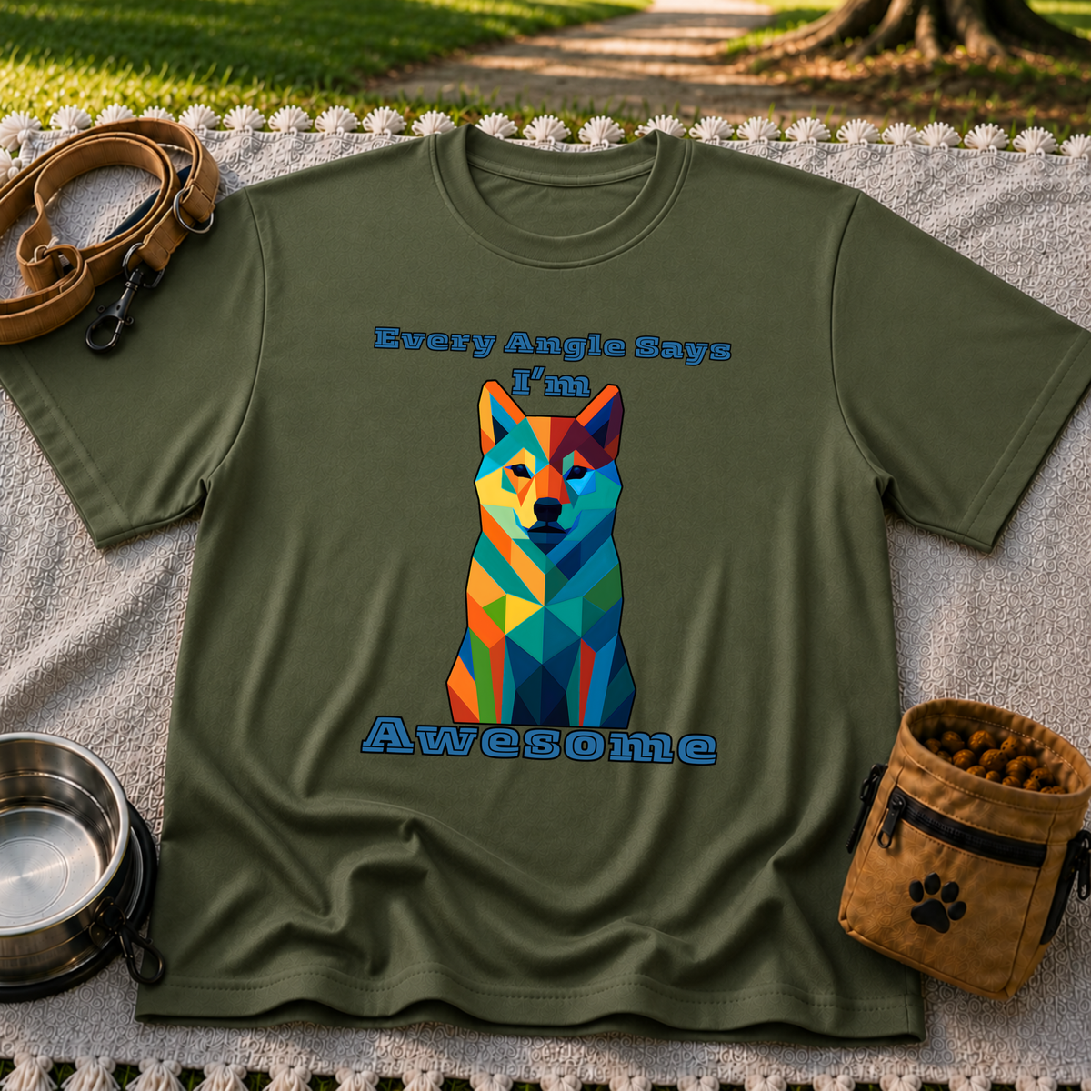 Military Green T-shirt mockup featuring blue-toned geometric dog portrait with Every Angle Says I’m Awesome lettering.