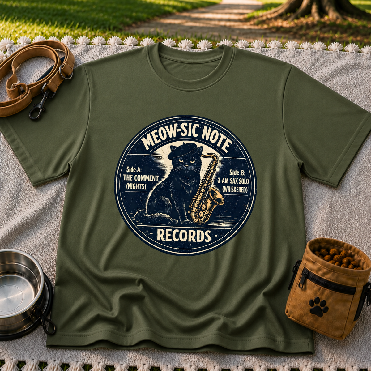 Military Green T-shirt mockup featuring black cat beside a saxophone on a round Meow-sic Note Records label.