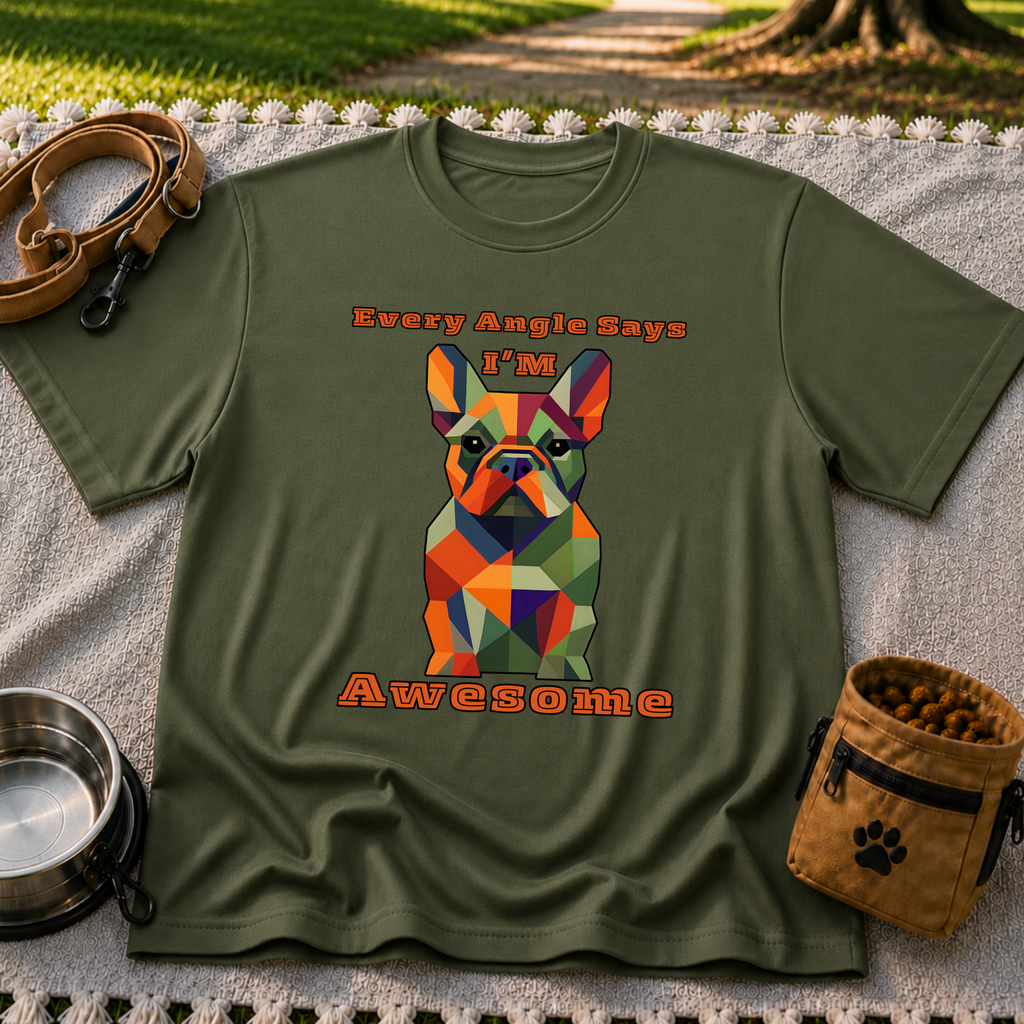 Military Green T-shirt mockup featuring faceted multicolor French Bulldog portrait with Every Angle Says I’m Awesome lettering.
