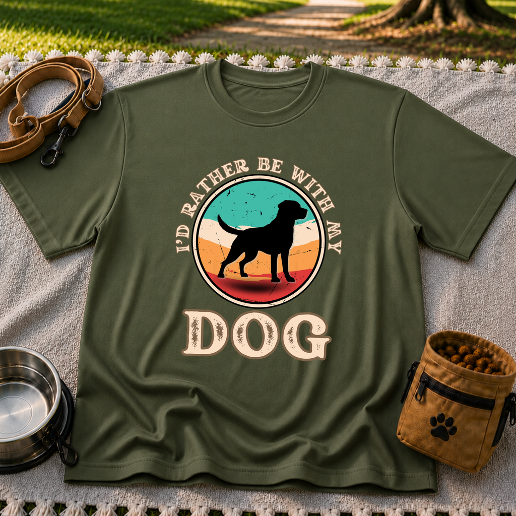 I’d Rather Be With My Dog artwork on a Military Green T-shirt.