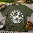 Jack Russell Terrier Paws Up artwork on a Military Green T-shirt.