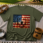 Patriotic Golden Retriever Flag design on a Military Green T-shirt.