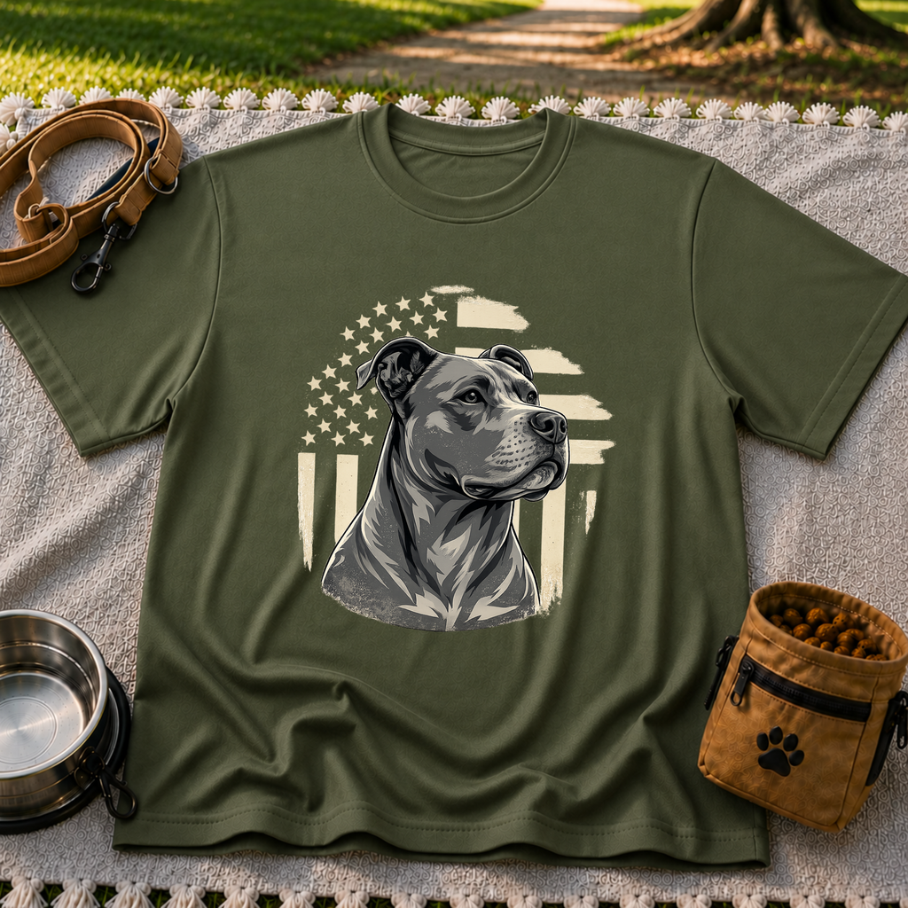 Patriotic Pit Bull Dog design on a Military Green T-shirt.