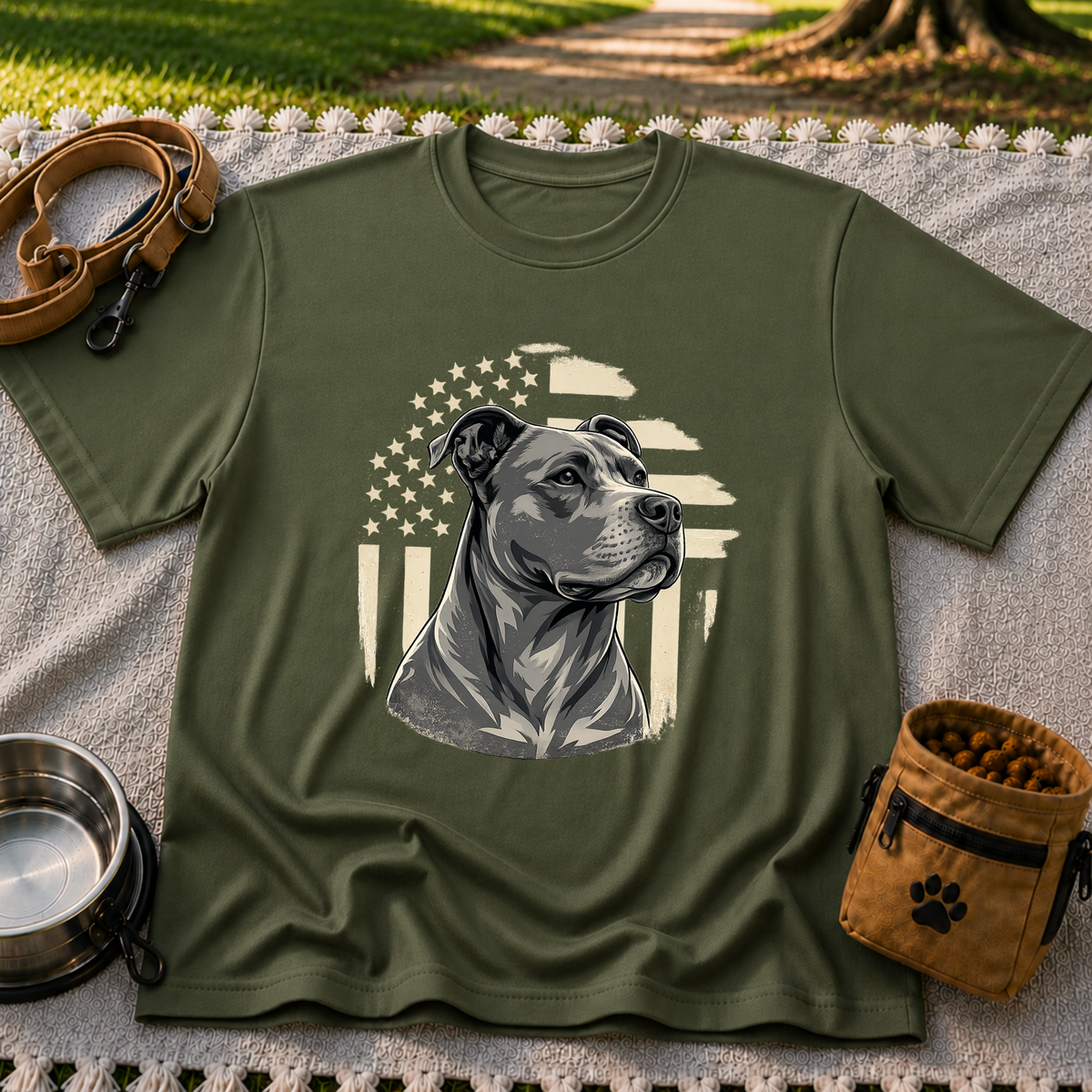 Patriotic Pit Bull Dog design on a Military Green T-shirt.