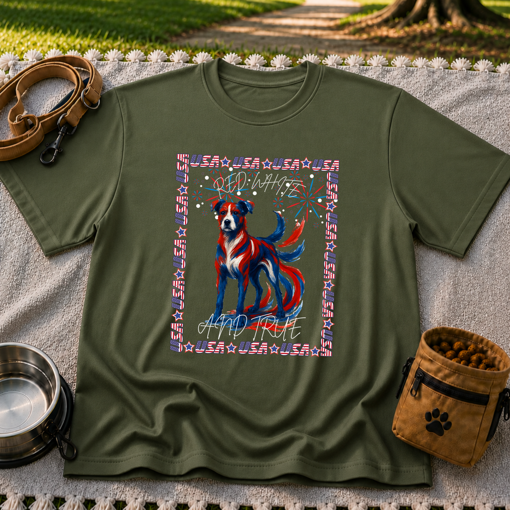 USA Fireworks Dog Lover design on a Military Green T-shirt.