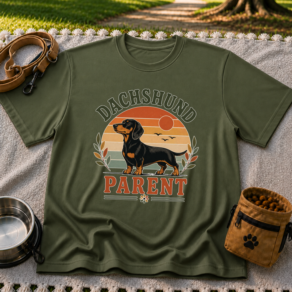Military Green T-shirt mockup featuring dachshund portrait in a striped sunset badge with Dachshund Parent lettering.