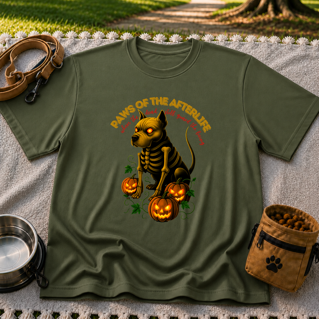 Paws of the Afterlife Pitbull Skeleton Halloween design on a Military Green T-shirt.