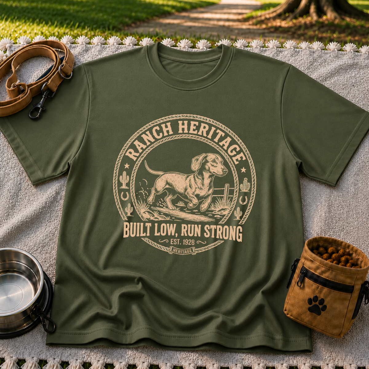 a Dachshund running inside a “Ranch Heritage” western emblem. On a Military Green T-shirt.