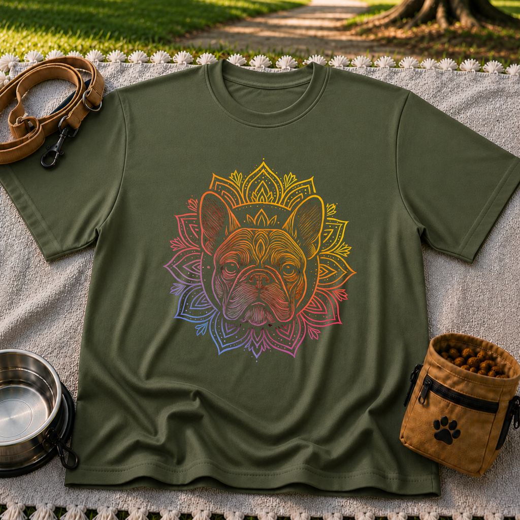 Bohemian French Bulldog Mandala artwork on a Military Green T-shirt.